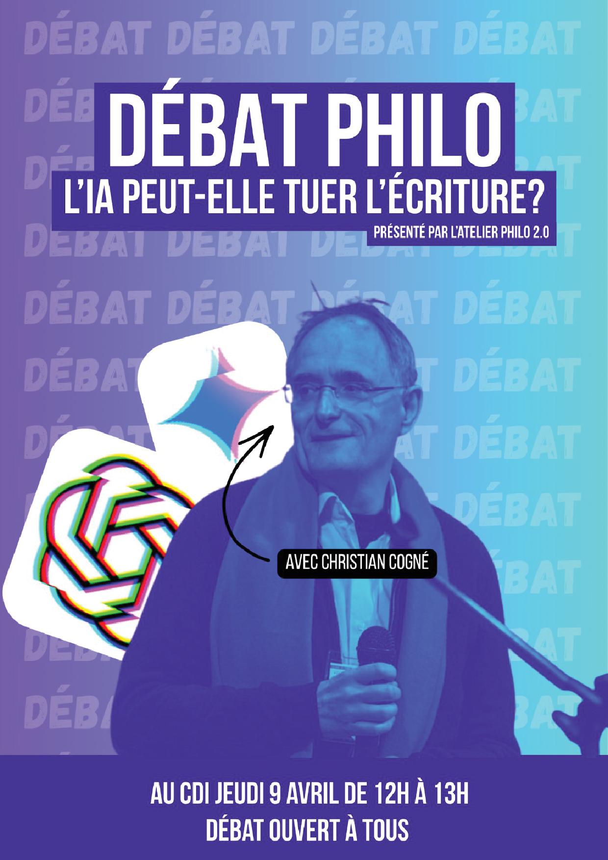 Affiche Débat atelier Philo jeudi 9 avril 2026 IA écriture
